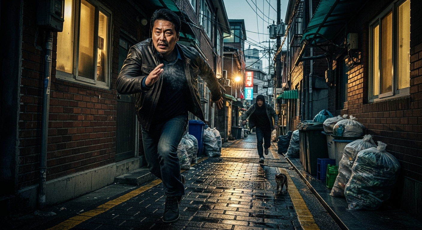 한국 형사가 좁은 골목길에서 용의자를 쫓는 긴박한 장면