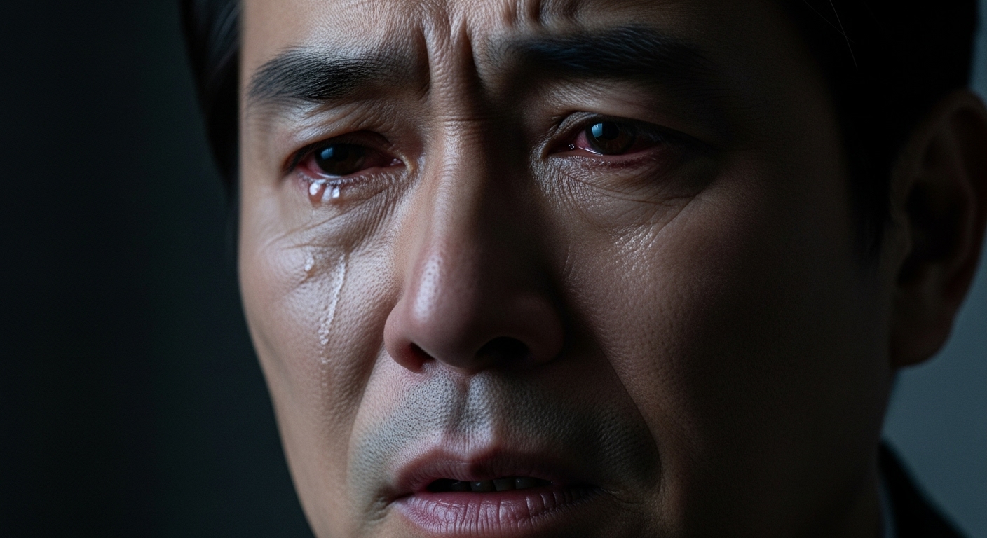 애통해하는 아버지의 얼굴이 어둠 속에 보이는 장면