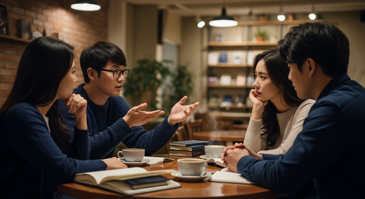 아늑한 카페에서 철학적인 토론을 나누는 한국인들의 모습