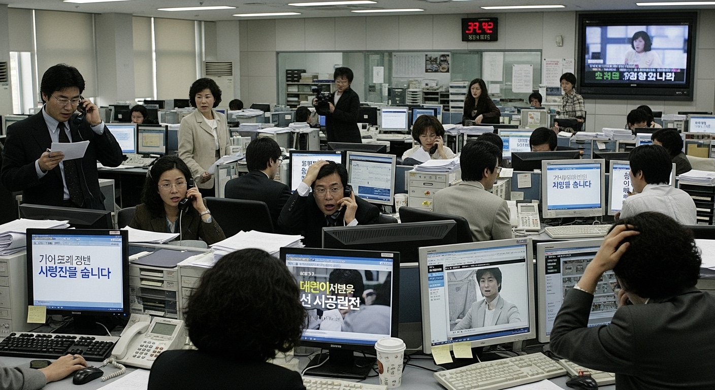 연예계 스캔들로 인해 긴장감 도는 기자실 분위기