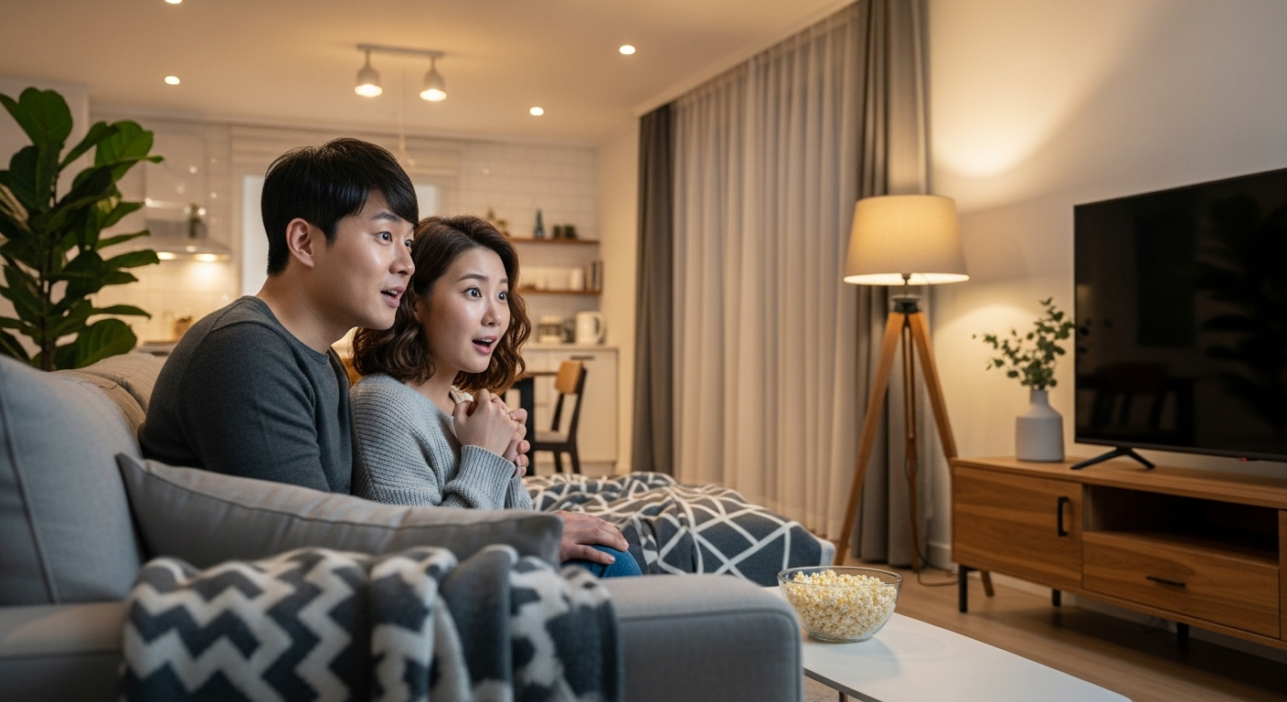 현대적인 거실에서 텔레비전을 보며 설레는 커플의 모습