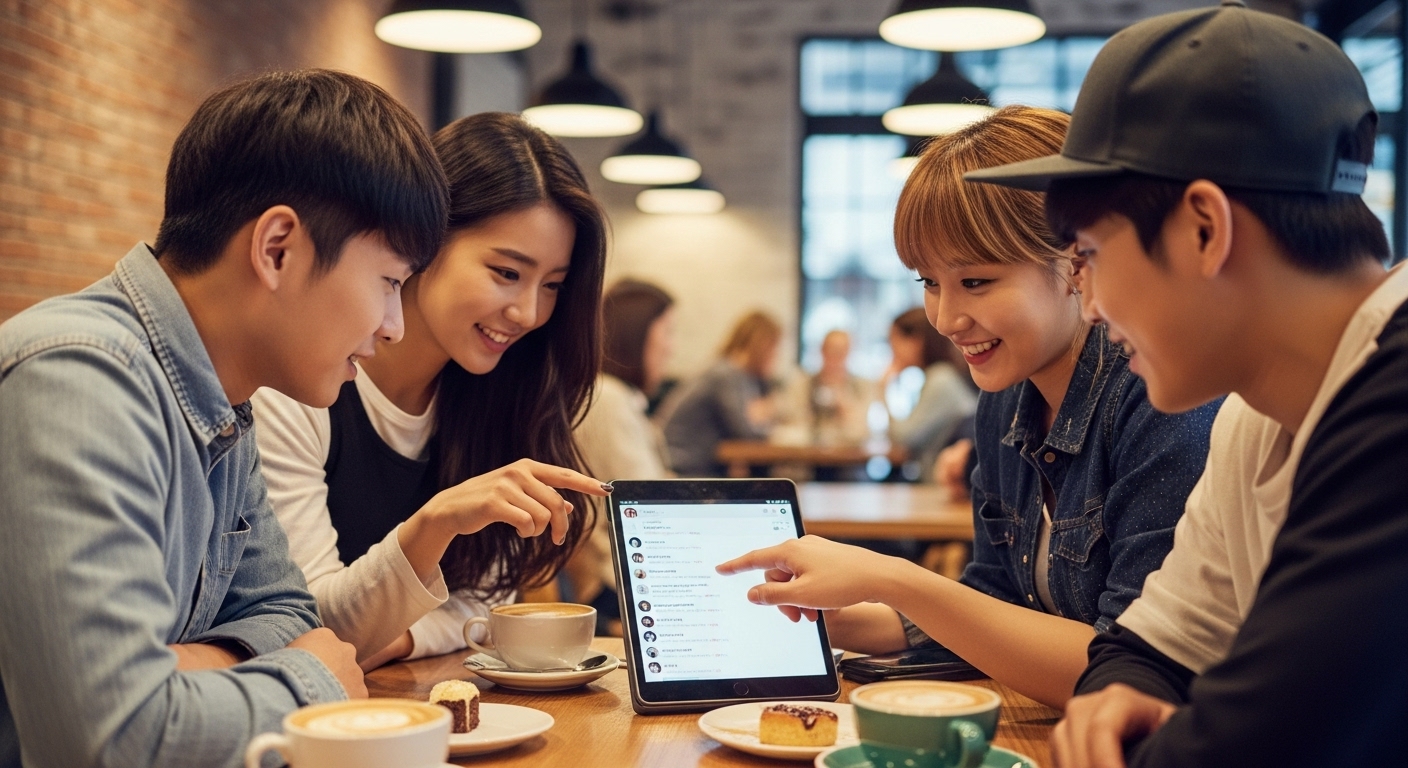 카페에서 태블릿으로 라이브 스트리밍과 채팅에 참여하는 젊은이들