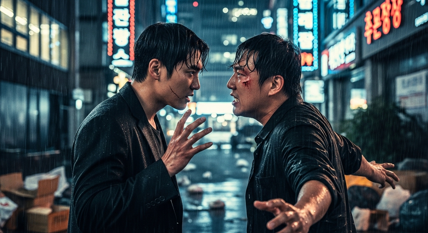 도시를 배경으로 한 두 남자의 복수와 대립 장면