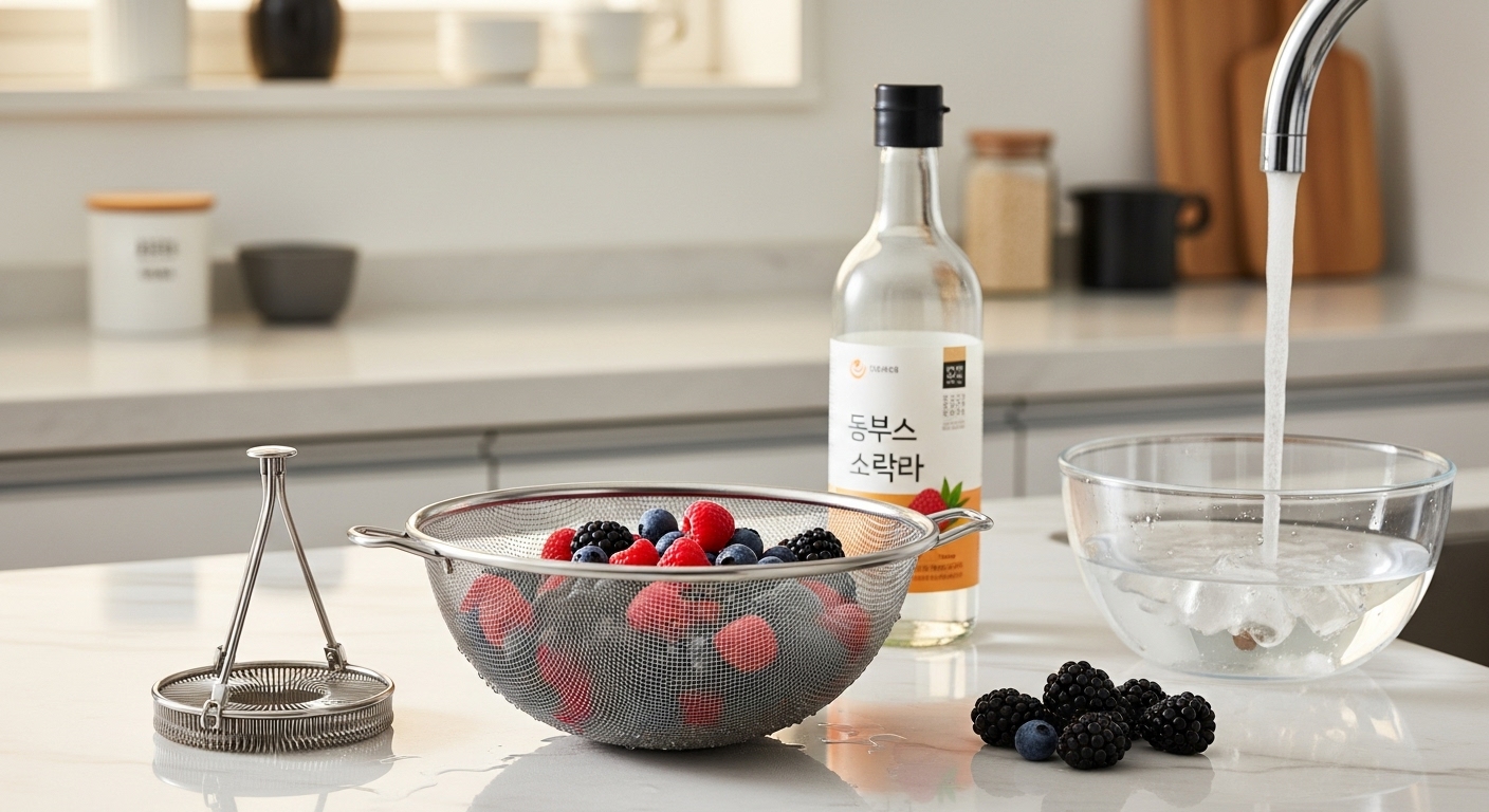 현대적인 주방에 놓인 체와 식초 병 등 다양한 세척 도구들