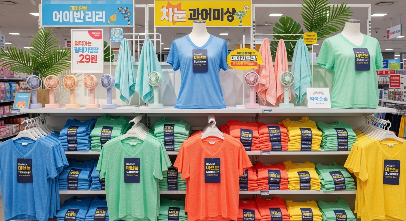 여름철 시원함을 위한 메쉬 티셔츠와 쿨링 액세서리가 전시된 모습