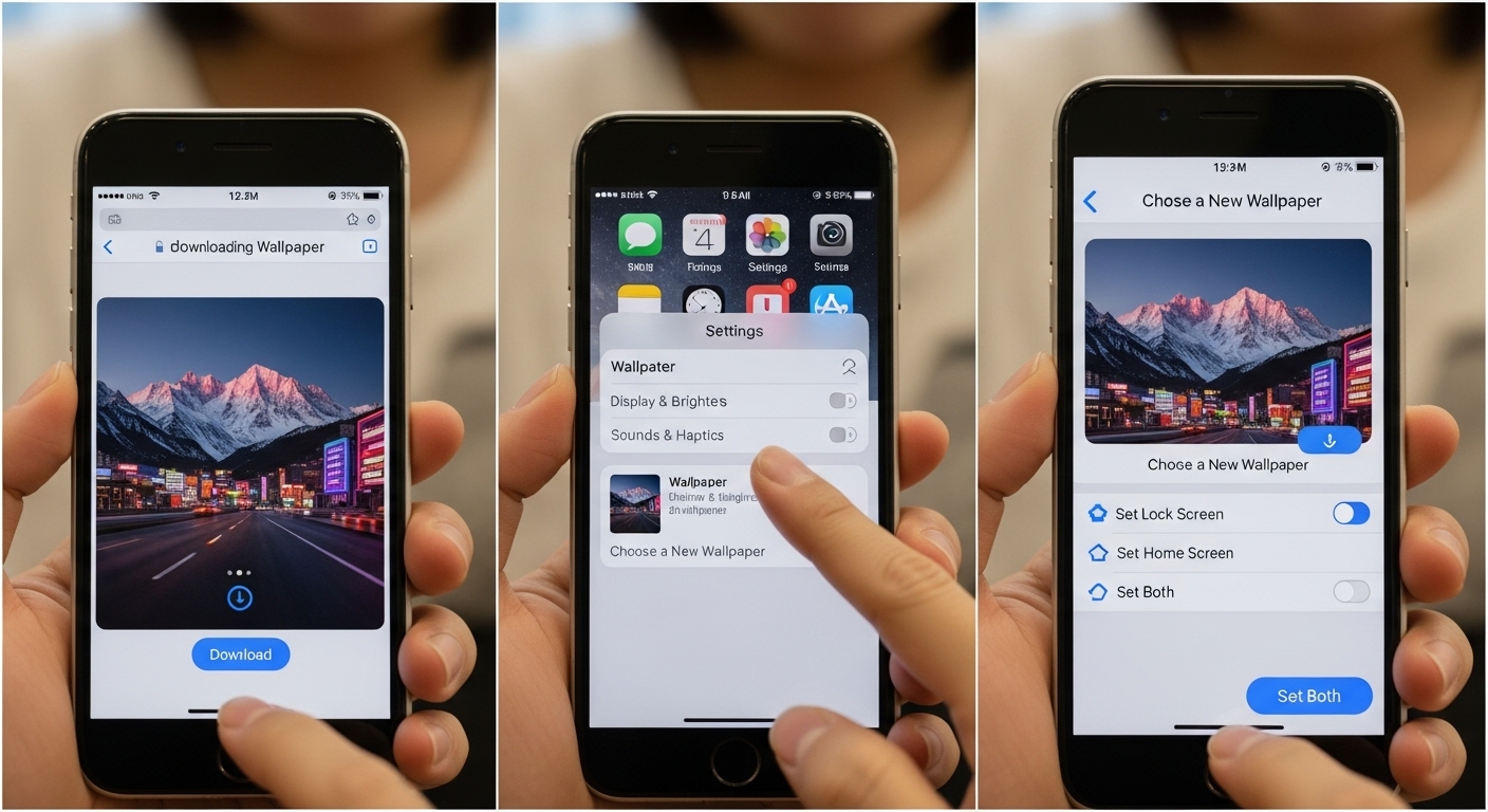 한국인이 iPhone 설정 앱에서 고해상도 배경화면을 다운로드하고 설정하는 과정