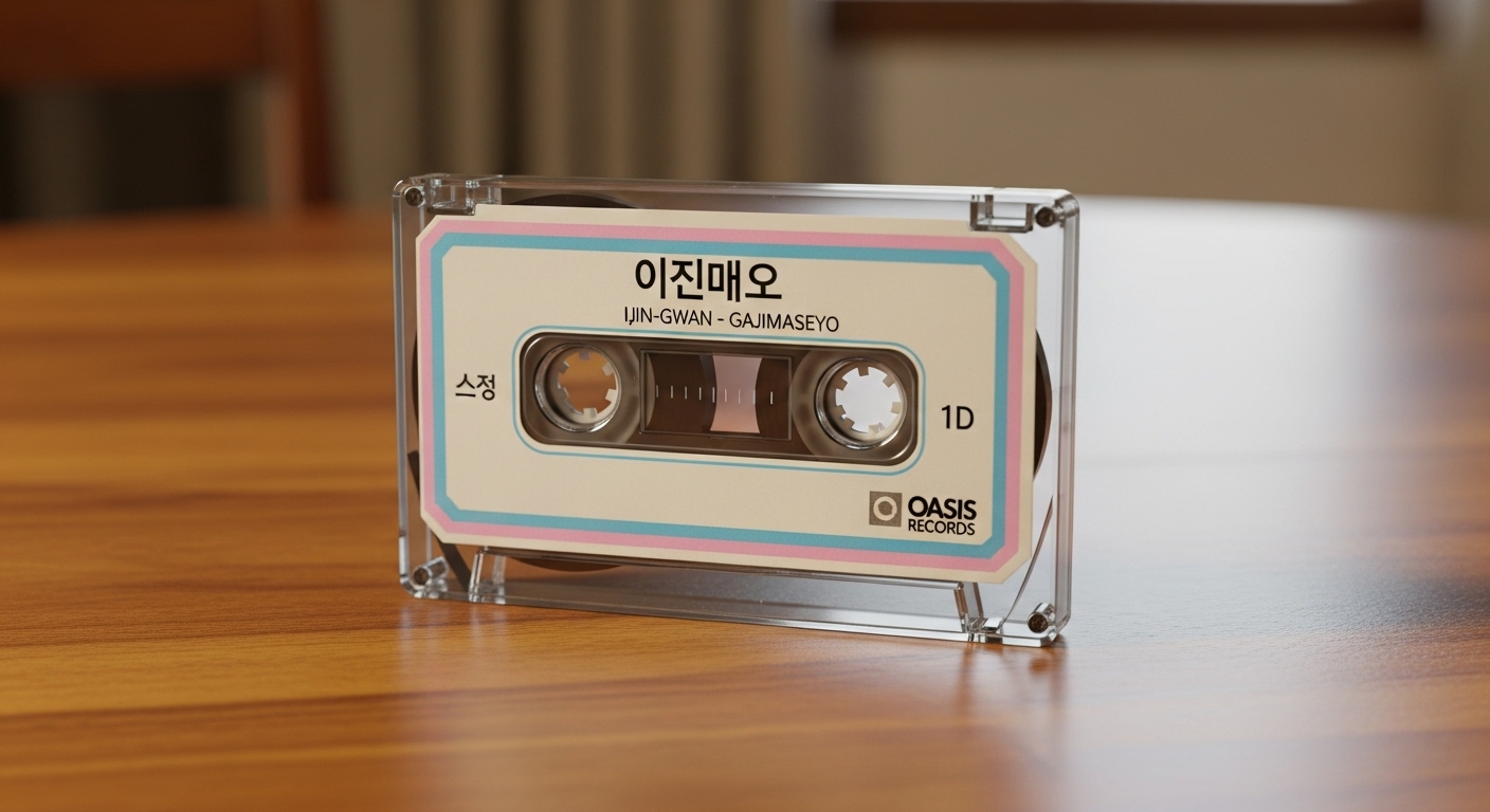 1990년대 한국 음악 카세트 테이프가 나무 탁자 위에 놓여 있는 모습