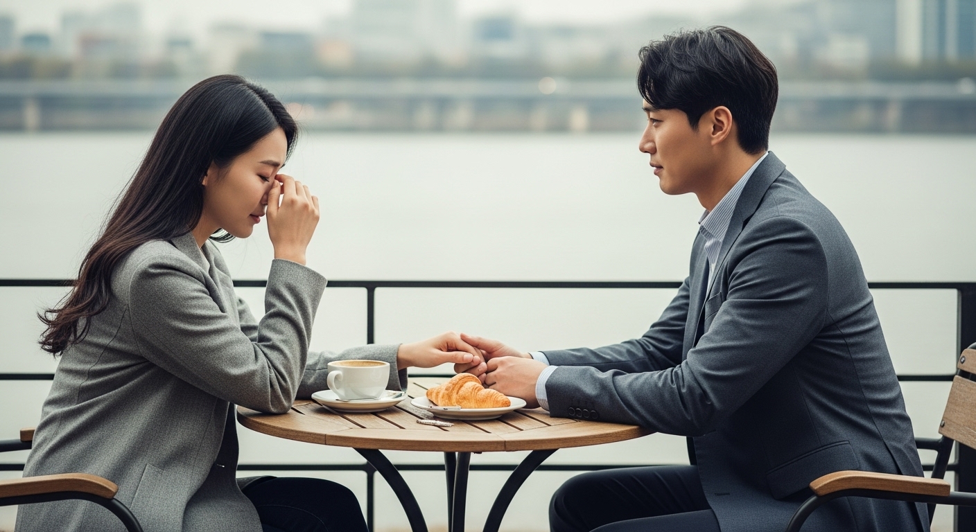강변 카페에서 아쉬운 작별을 하는 한국인 커플의 모습