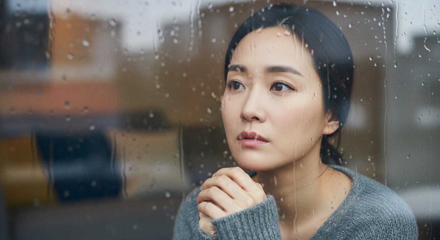 창밖을 보며 사랑에 대해 사색하는 여성의 모습