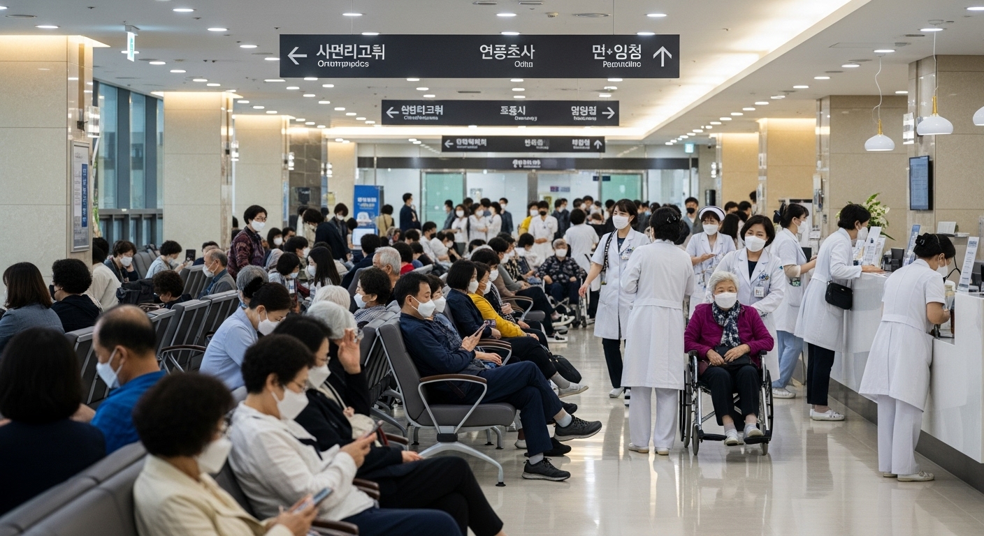 마스크를 쓴 환자들이 가득한 병원 로비의 혼잡한 풍경