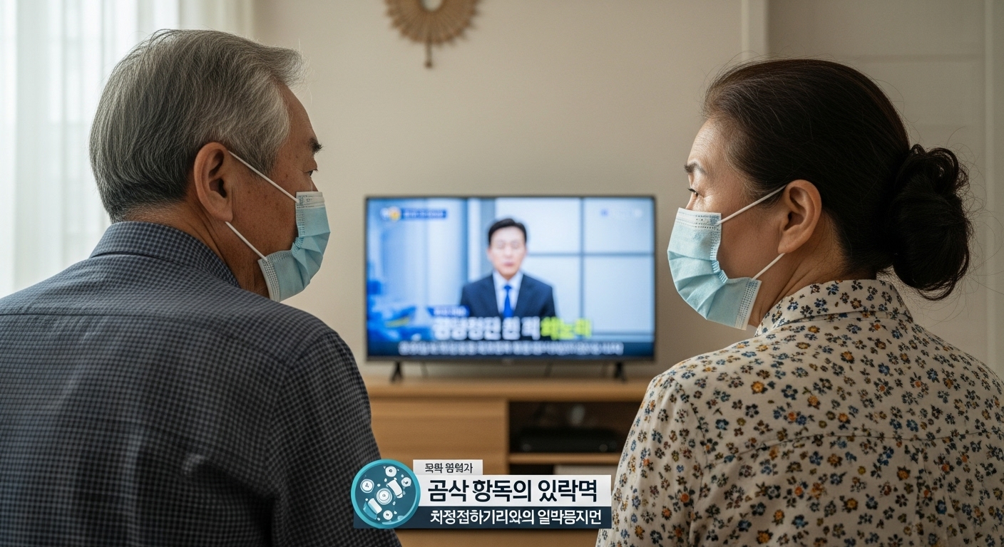 집에서 마스크를 쓰고 뉴스 보는 노부부의 걱정스러운 표정
