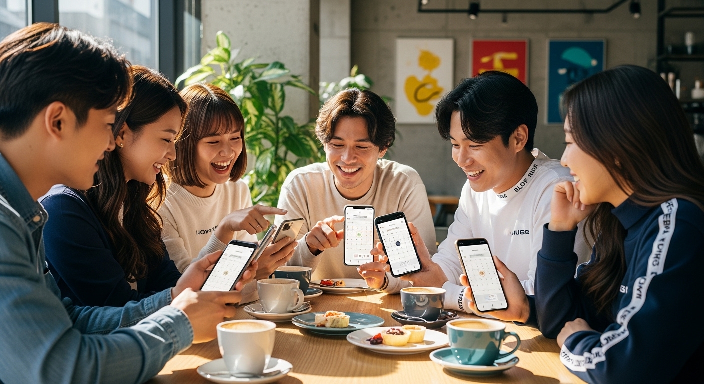 서울의 카페에서 친구들이 모바일 앱을 통해 음력을 양력으로 변환하며 웃고 있는 장면