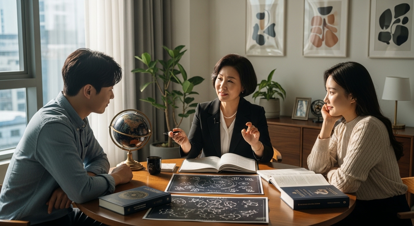 도시 아파트에서 젊은 커플에게 별자리를 설명하는 점성가와 차트가 놓인 테이블