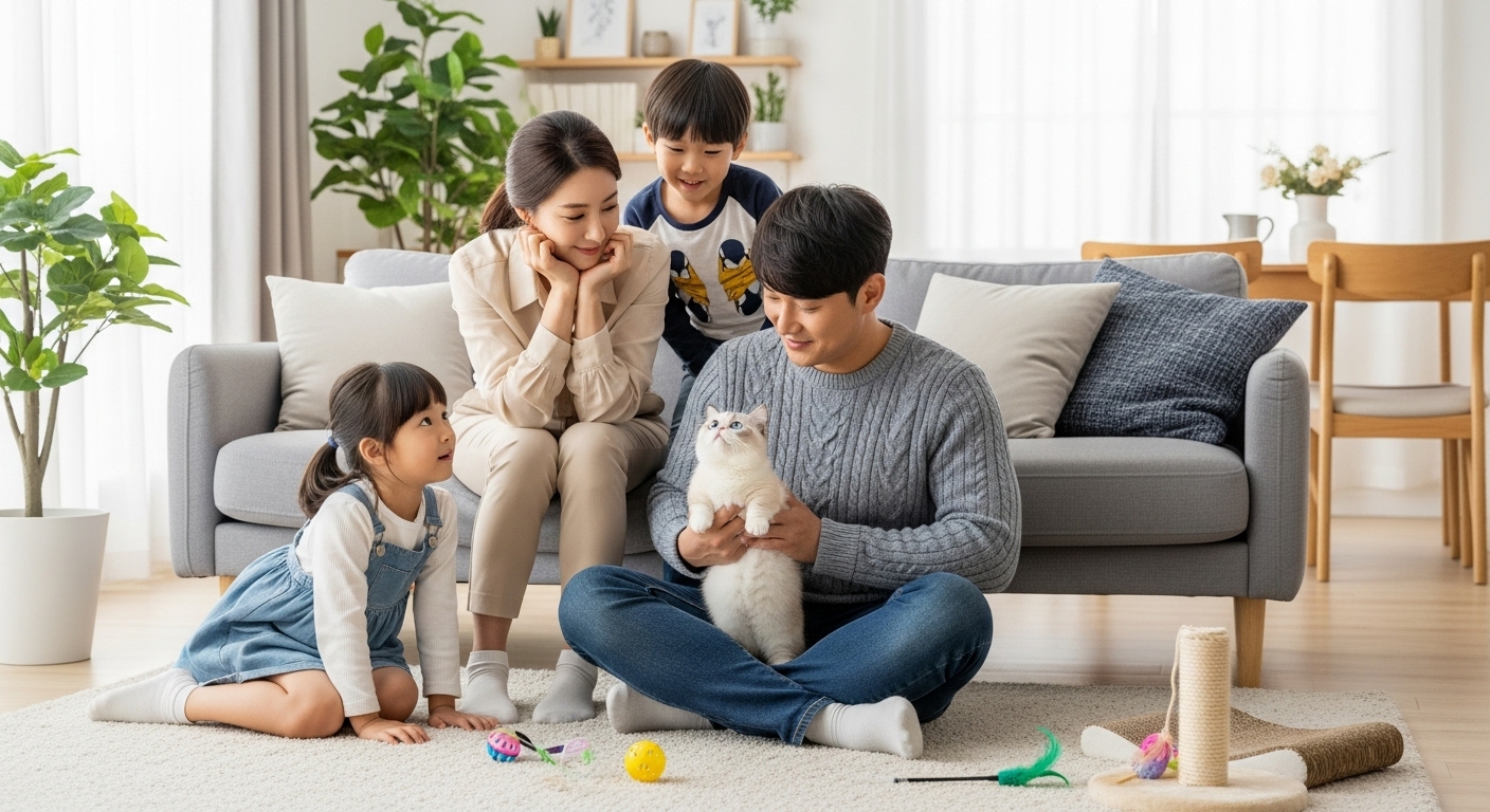 현대적인 거실에서 먼치킨 고양이 입양을 고민하는 가족