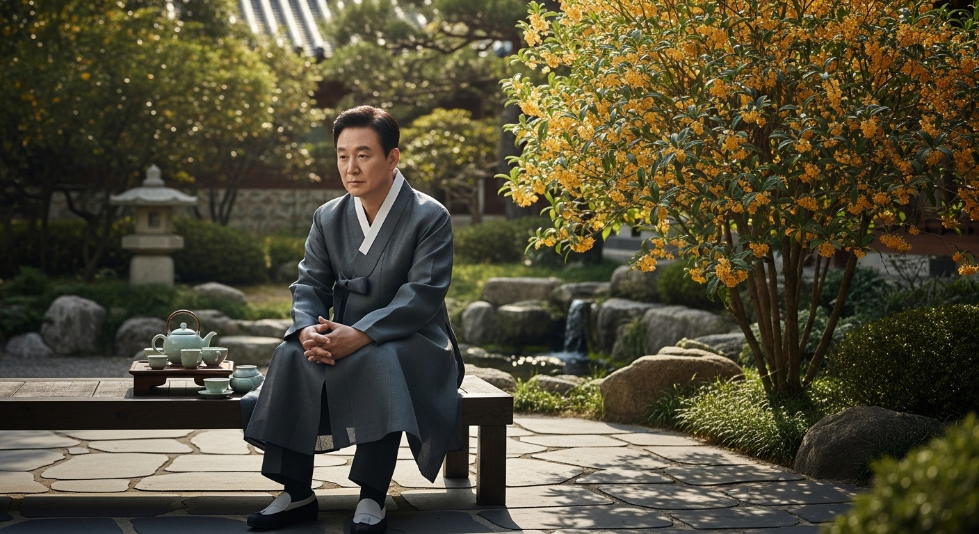 정원에서 사색하는 한국 지도자의 모습