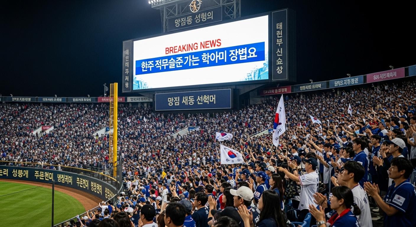 한국의 야구 팬들이 경기장에서 대형 화면을 통해 발표를 보고 있는 모습