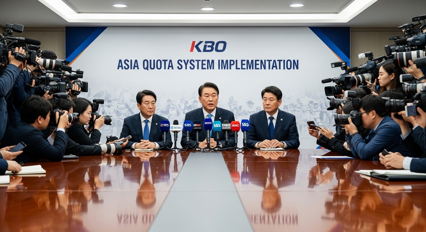 KBO 대표가 기자회견에서 아시아쿼터제 시행을 발표하는 모습