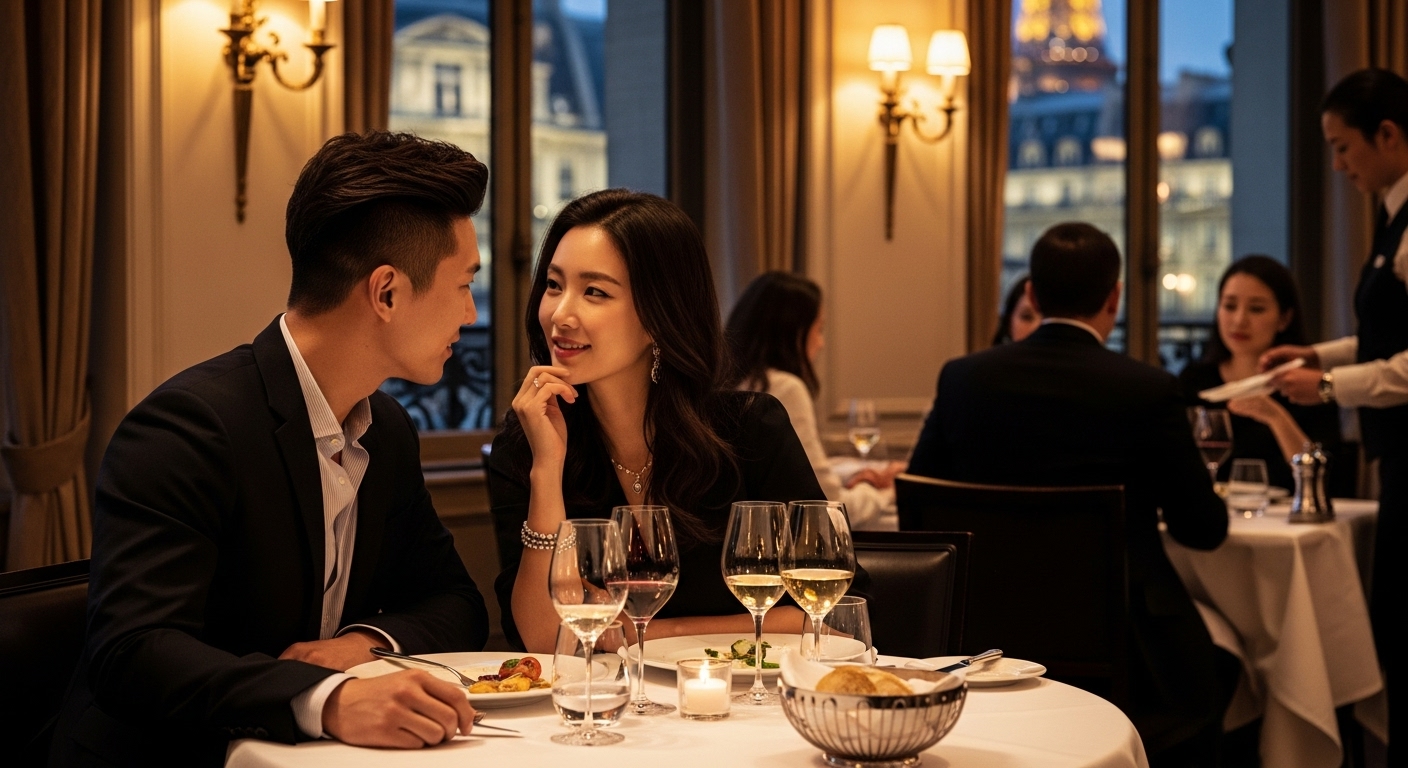 파리 레스토랑에서 저녁식사를 하며 친밀한 대화를 나누는 한국 커플