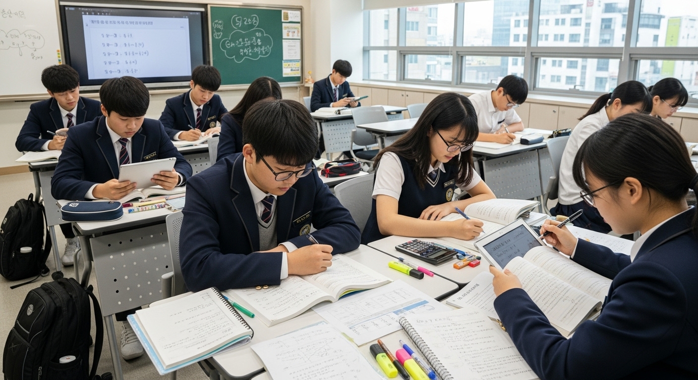 현대적인 교실에서 공부에 몰두하는 고등학생들