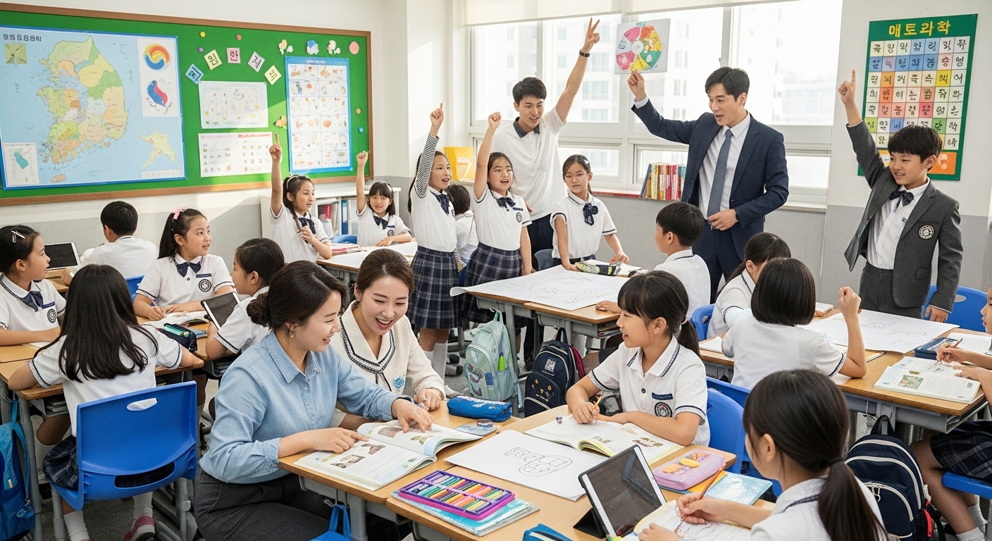 생동감 있는 교실에서 학생들과 소통하는 교사들