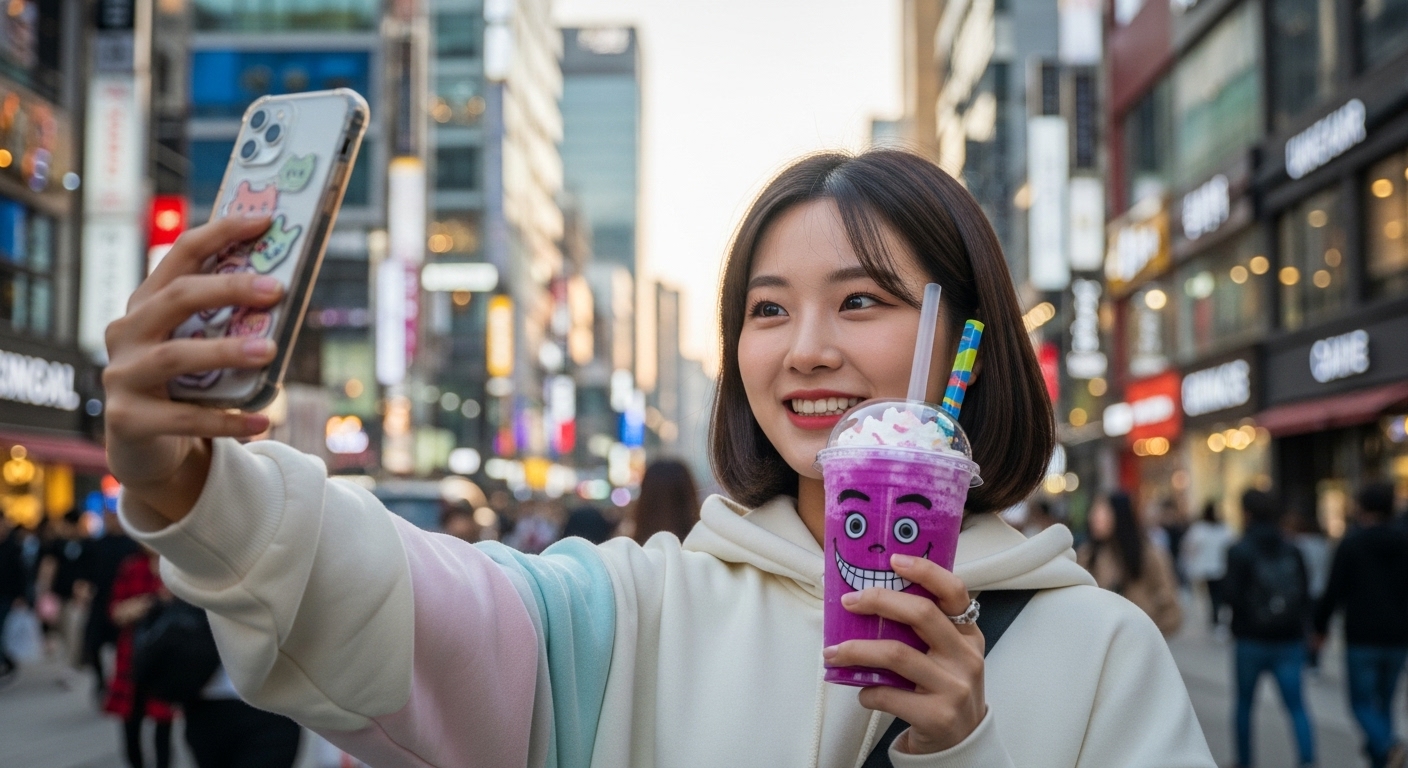 서울 거리에서 보라색 그리머스 쉐이크를 들고 사진 찍는 젊은 여성