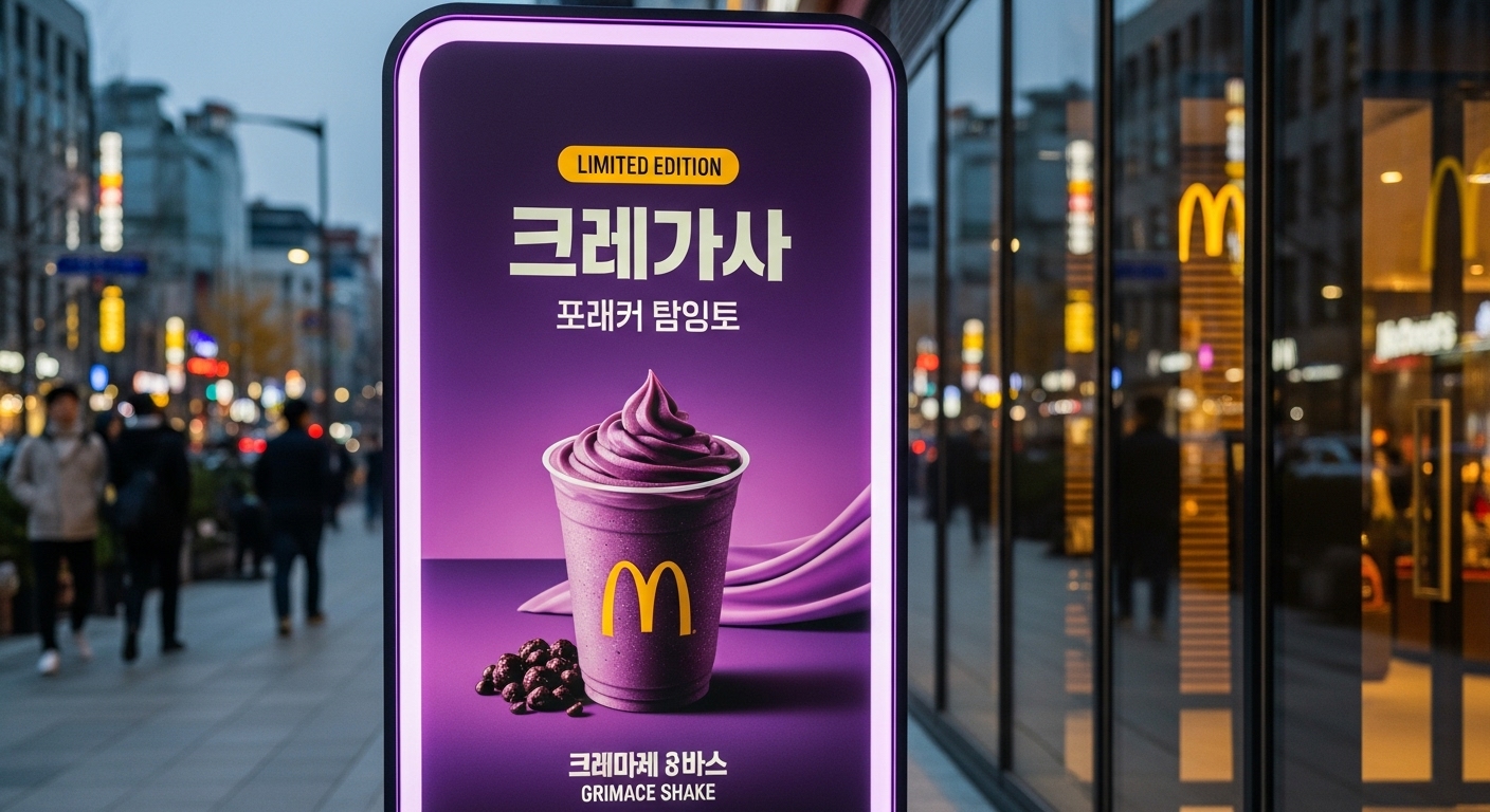 맥도날드 매장 앞에 설치된 그리머스 쉐이크 광고판