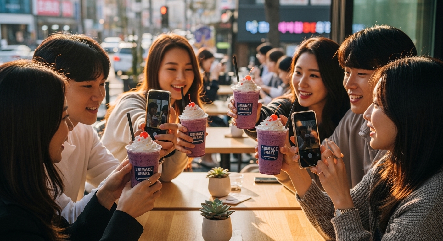 젊은이들이 보라색 셰이크를 찍으며 즐기는 모습