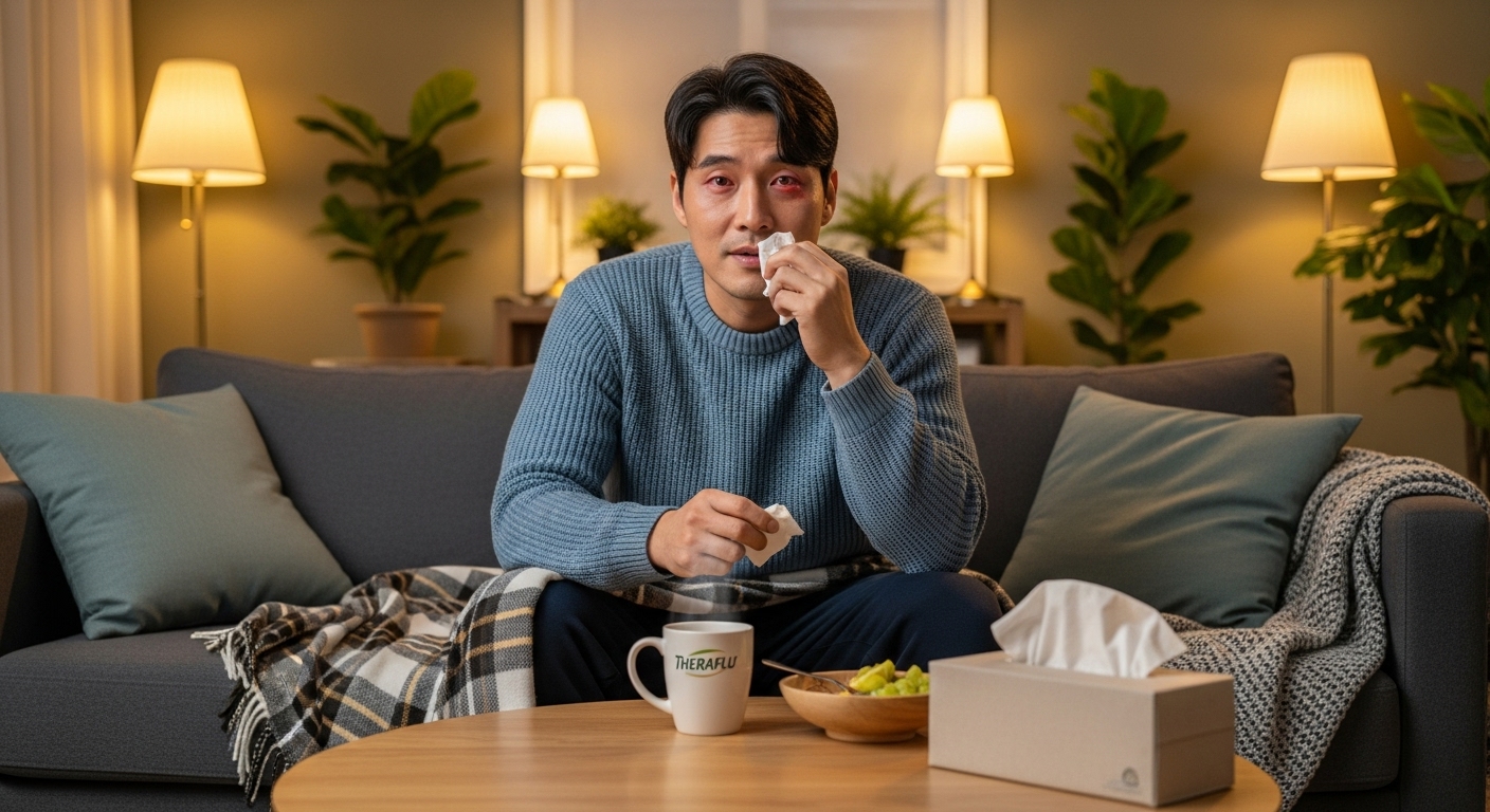 감기에 걸린 남성이 집에서 테라플루를 준비하며 따뜻한 분위기를 느끼는 모습