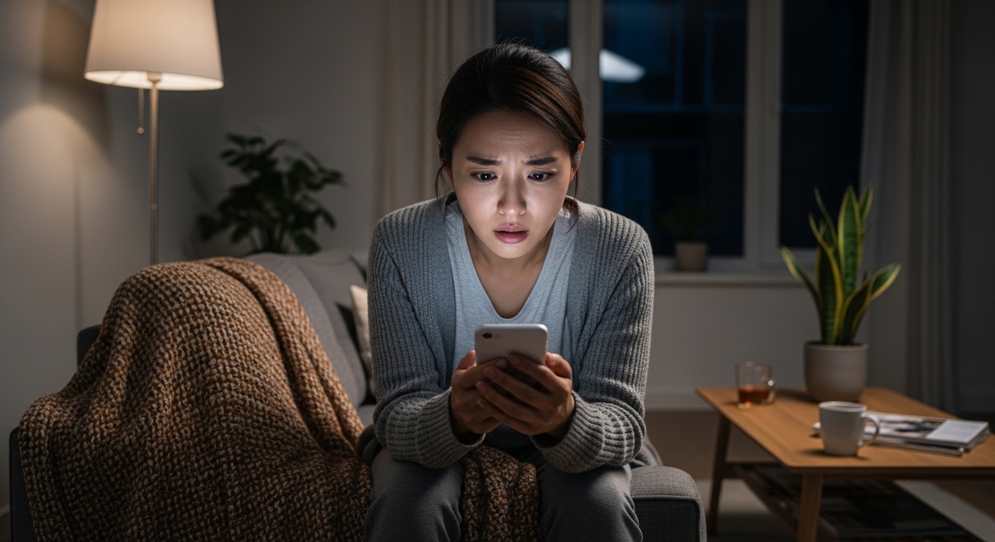 거실에서 스마트폰으로 부작용 정보를 읽으며 걱정하는 여성