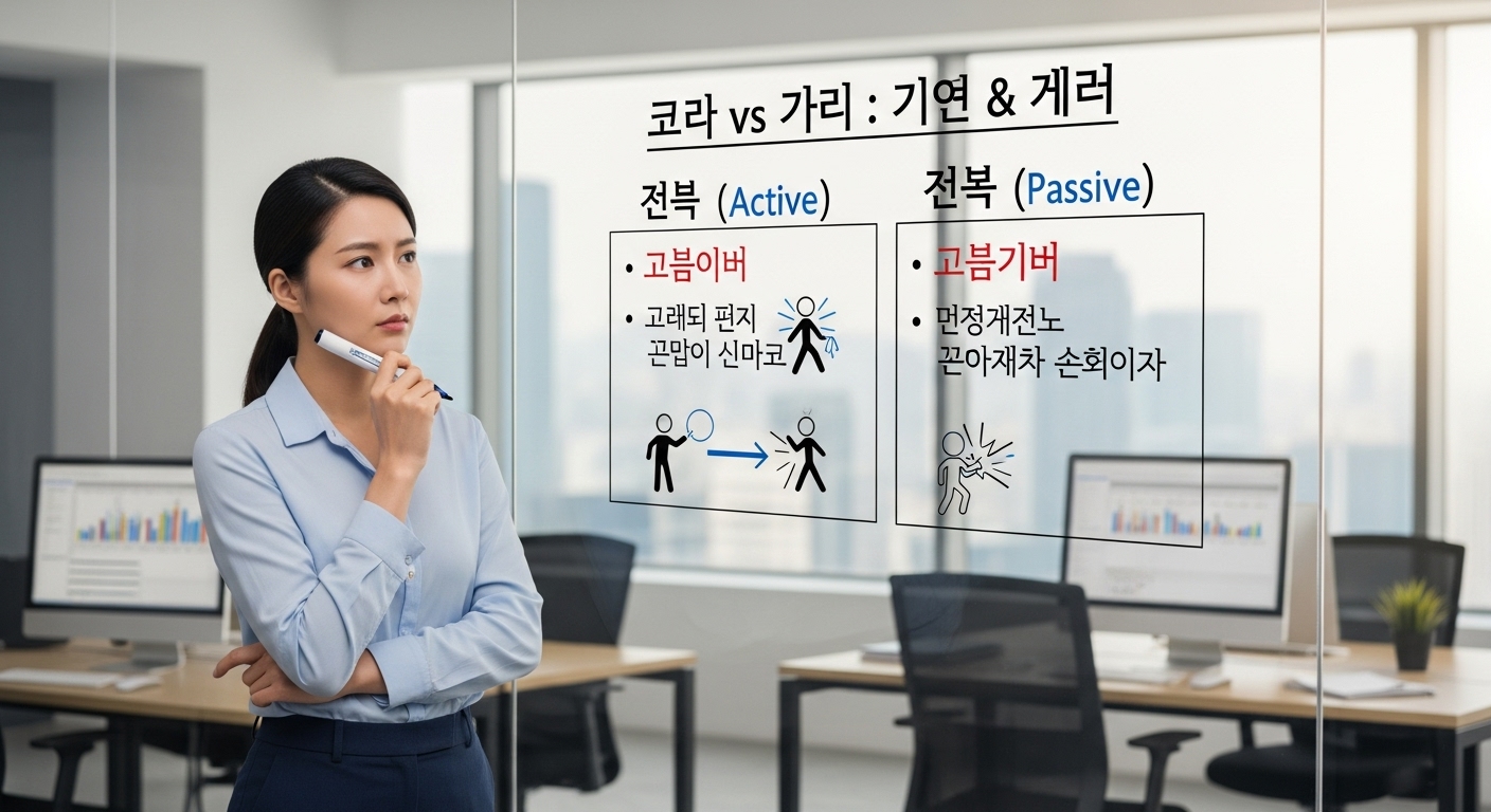 현대적인 사무실에서 주체의 움직임 규칙을 화이트보드에 설명하는 장면