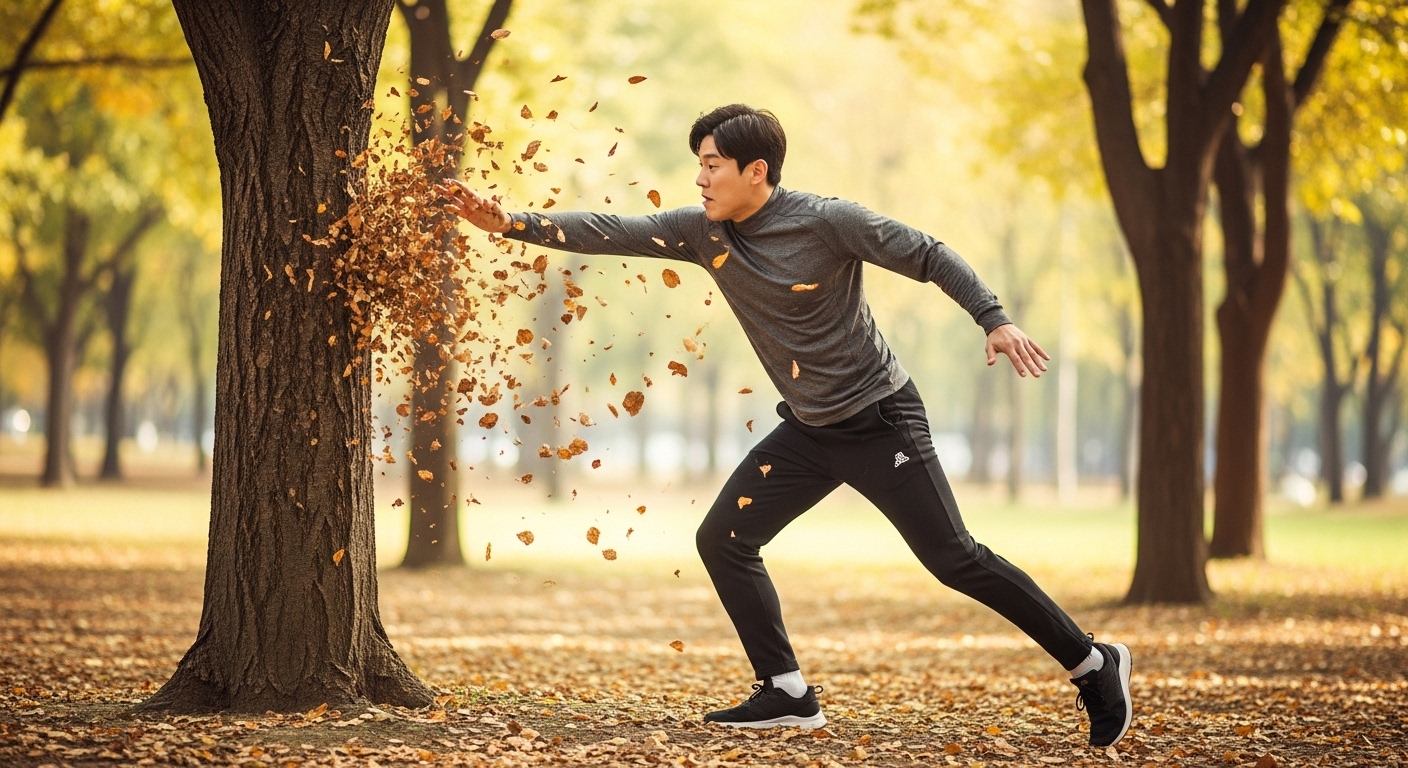 공원에서 나무와 충돌 순간을 포착한 역동적인 사진