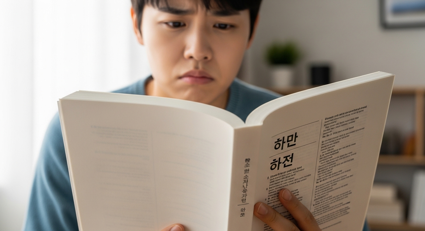 한국인이 사전에서 '야릇하다'와 '야하다'를 보며 혼란스러워하는 모습
