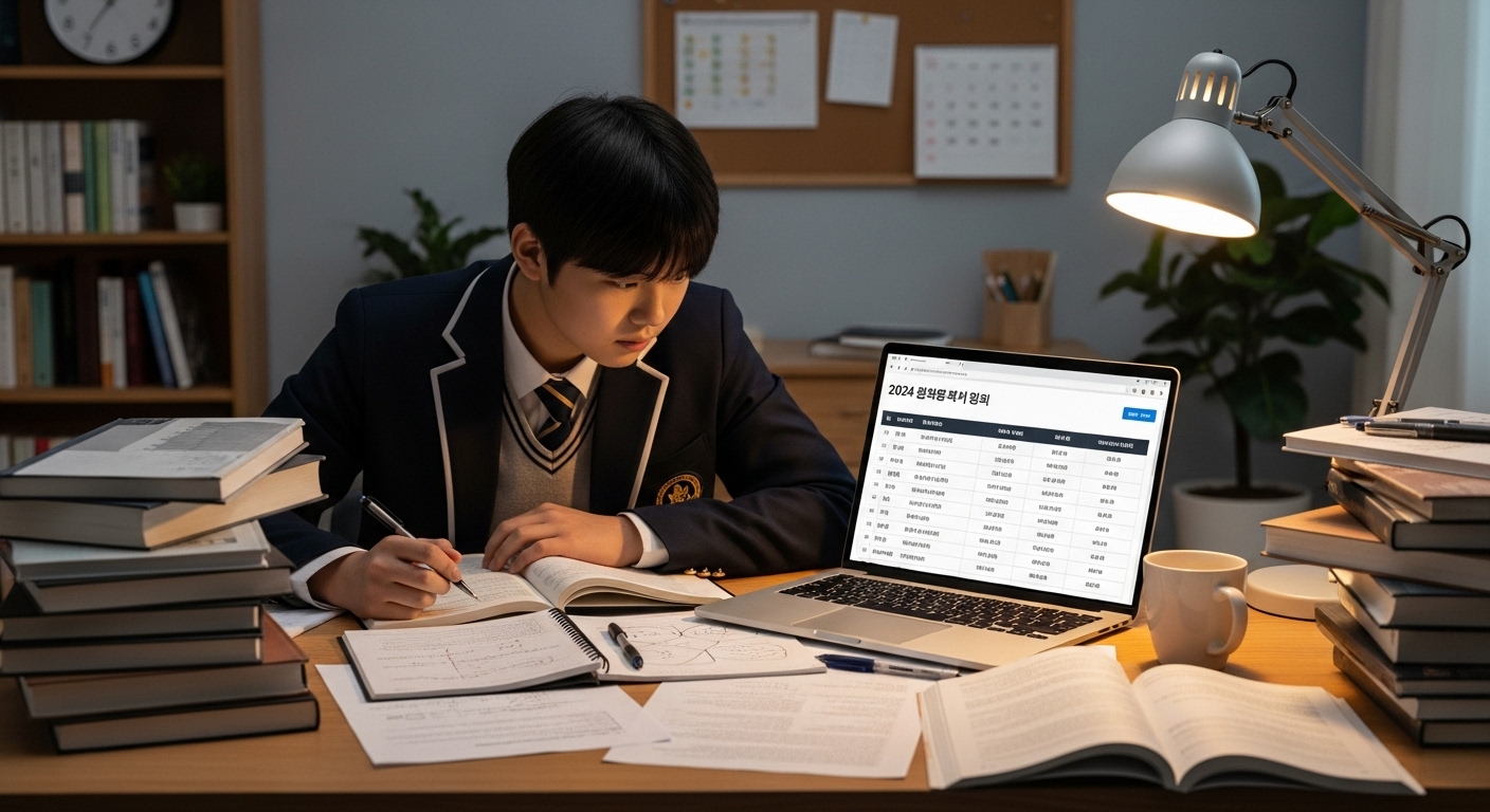 책상에서 교과서를 펼치고 공부하는 고등학생 모습