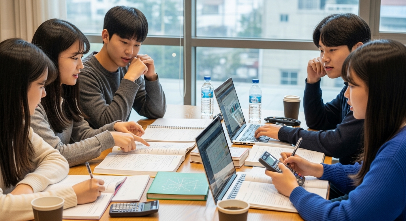 스터디 그룹에서 노트북과 계산기를 사용하여 문제를 해결하는 학생들