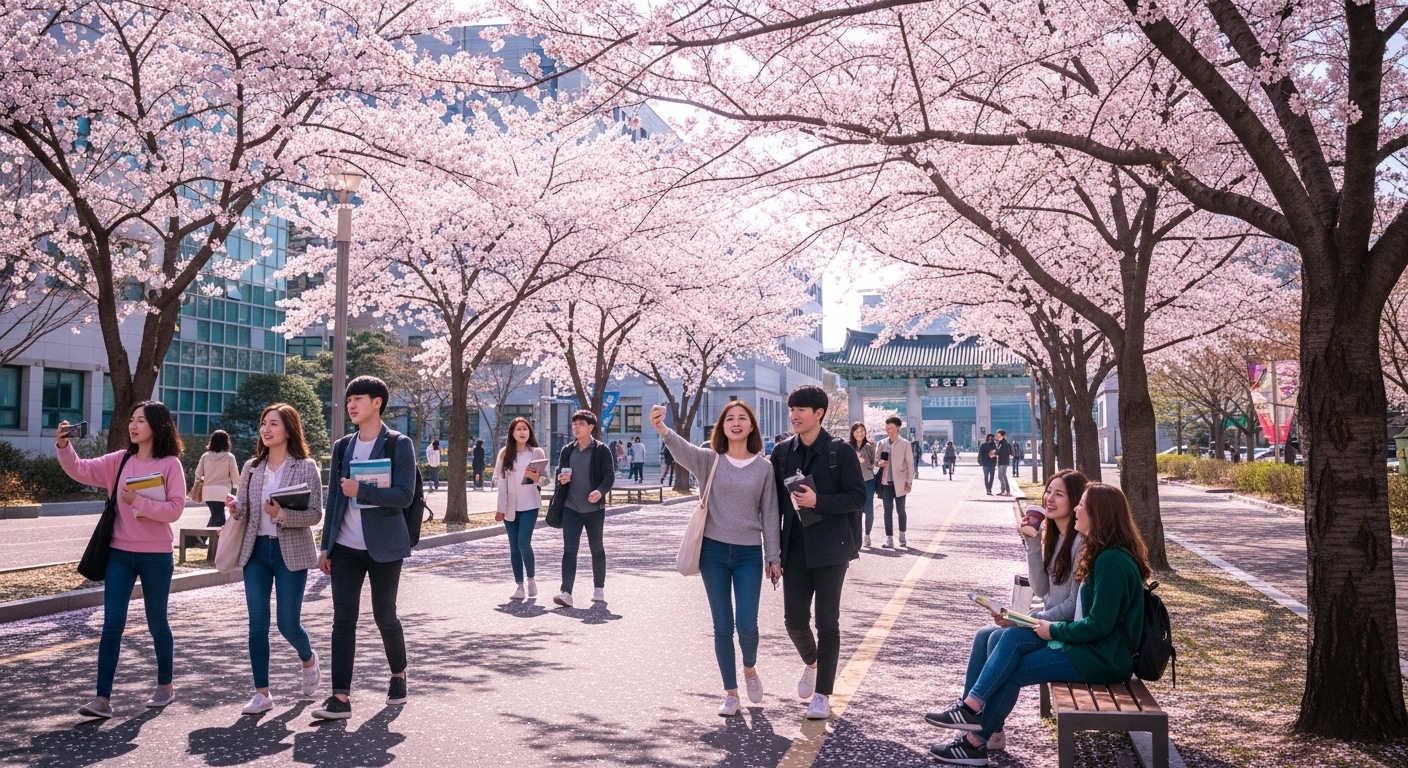 봄철 벚꽃이 핀 대학교 캠퍼스에서 걷고 있는 학생들의 모습