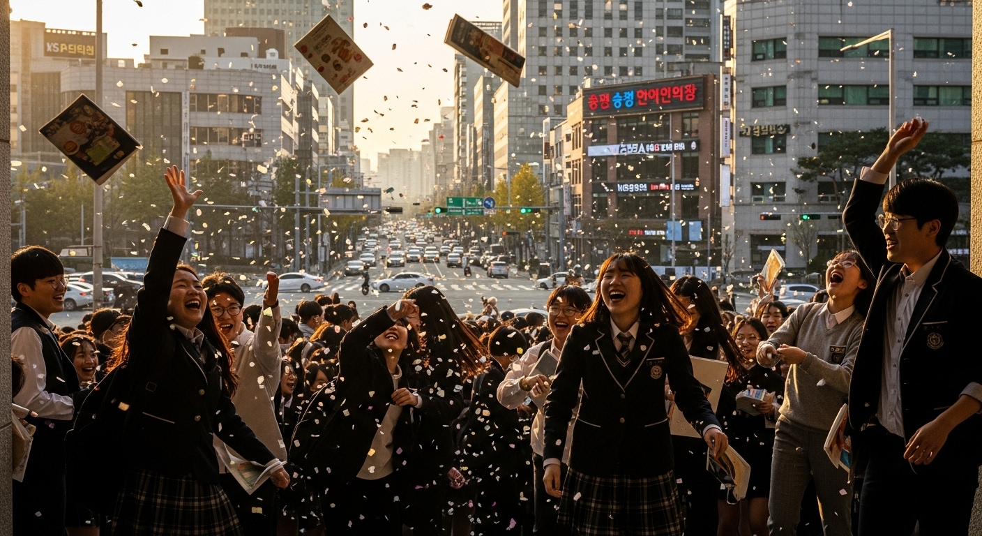 고등학생들이 수능을 마치고 환호하는 장면