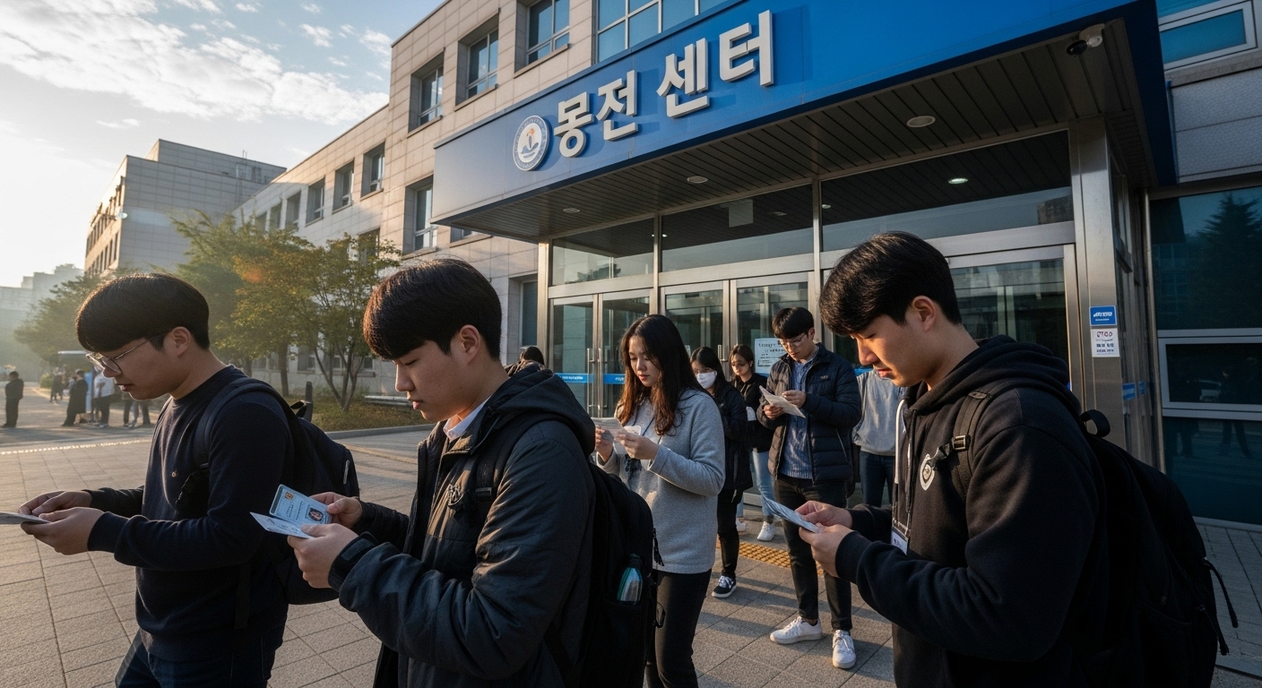 학생들이 아침 일찍 시험장에 도착하여 신분증과 수험표를 확인하는 모습