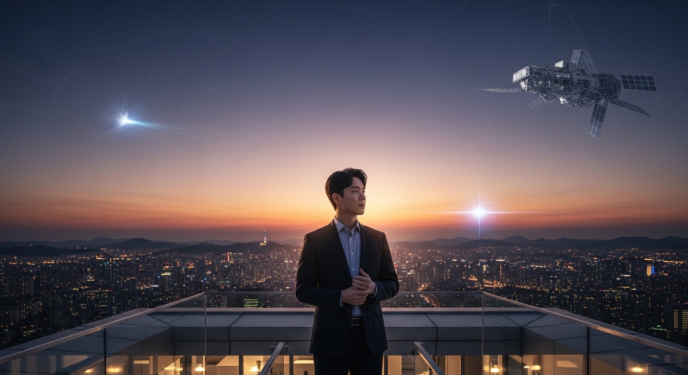 서울 야경을 배경으로 우주 탐사의 미래를 고민하는 젊은 투자자