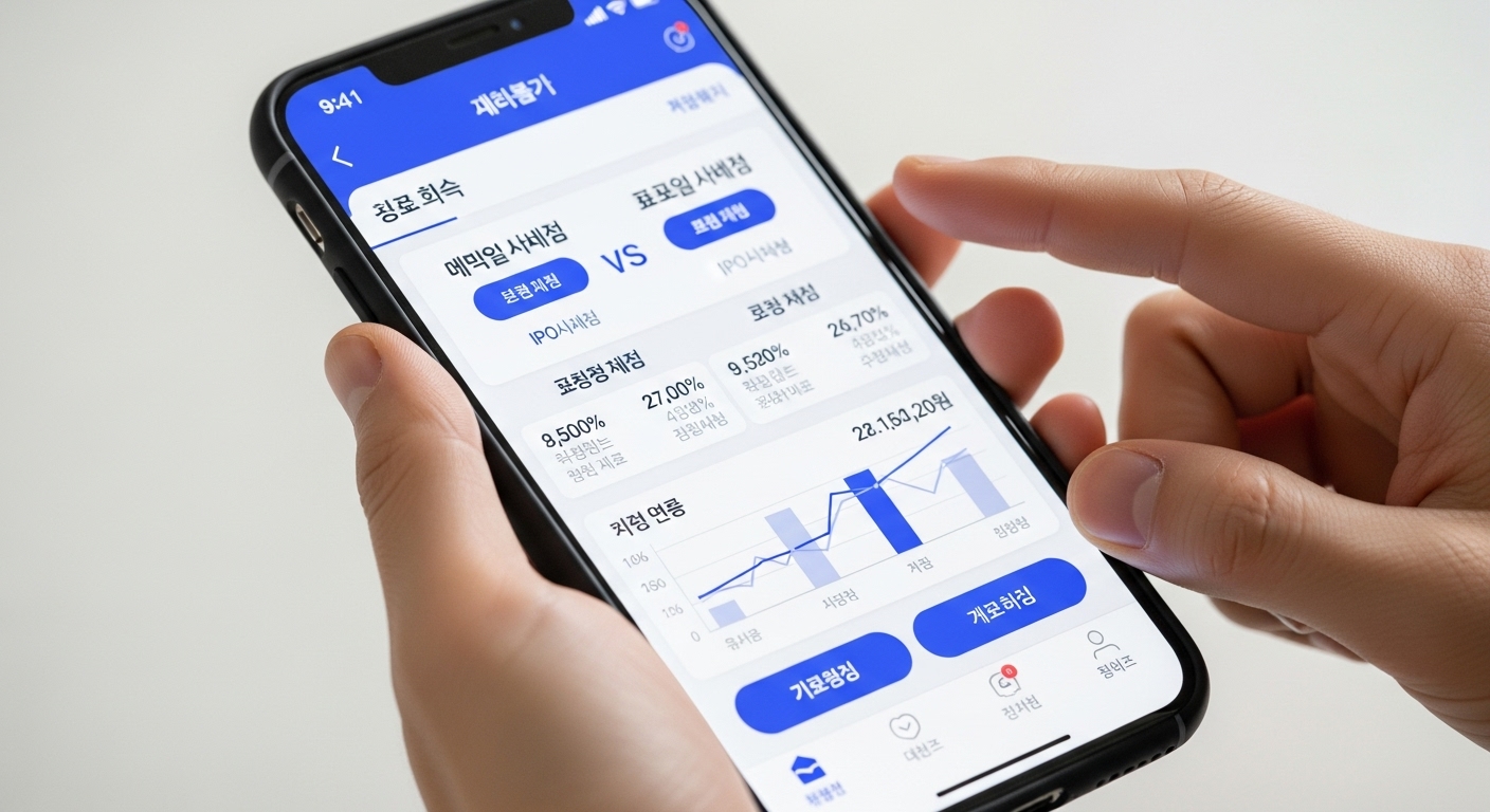 스마트폰 화면에 균등청약 및 비례청약 방법을 보여주는 장면