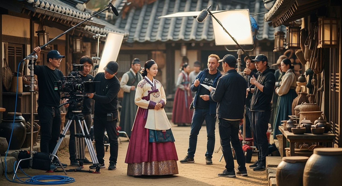 20세기 초 한국을 배경으로 한 역사 드라마 촬영 현장