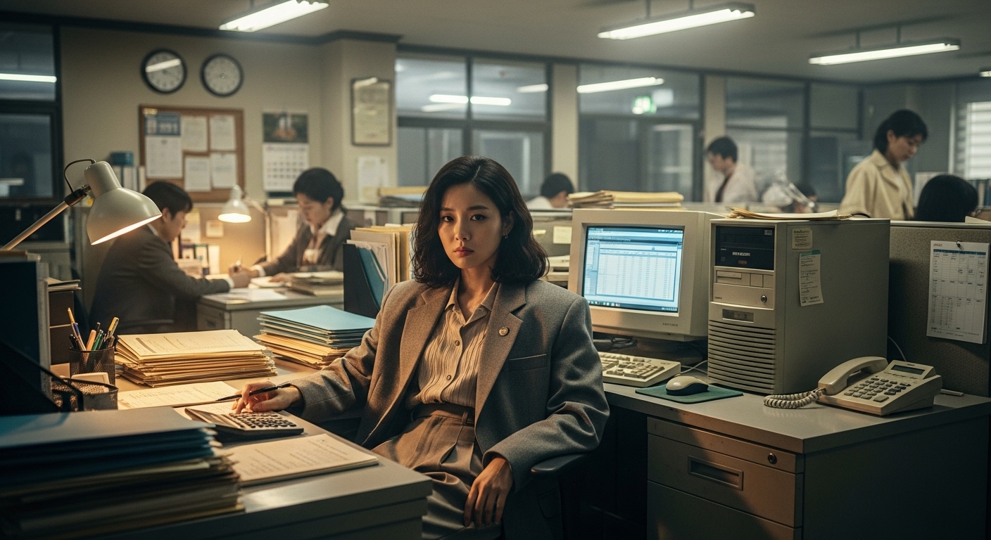 90년대 직장 풍경 속 회계 역할을 연기하는 여배우