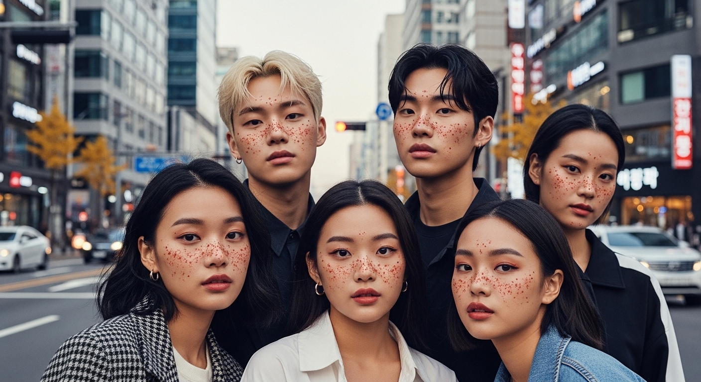 도시적 배경에서 다양한 스타일의 주근깨 메이크업을 자신 있게 선보이는 젊은이들의 모습