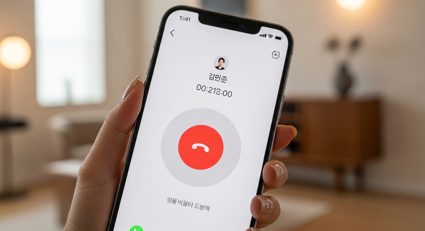 현대적인 한국 가정 환경에서 아이폰 15 프로의 화면에 나타난 통화녹음 인터페이스 클로즈업