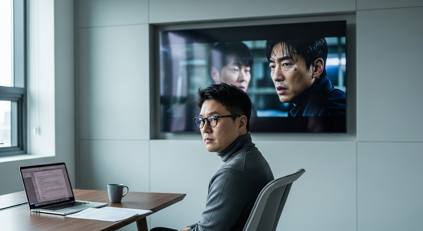 현대적인 사무실에서 논란이 많은 영화를 검토하는 영화 평론가