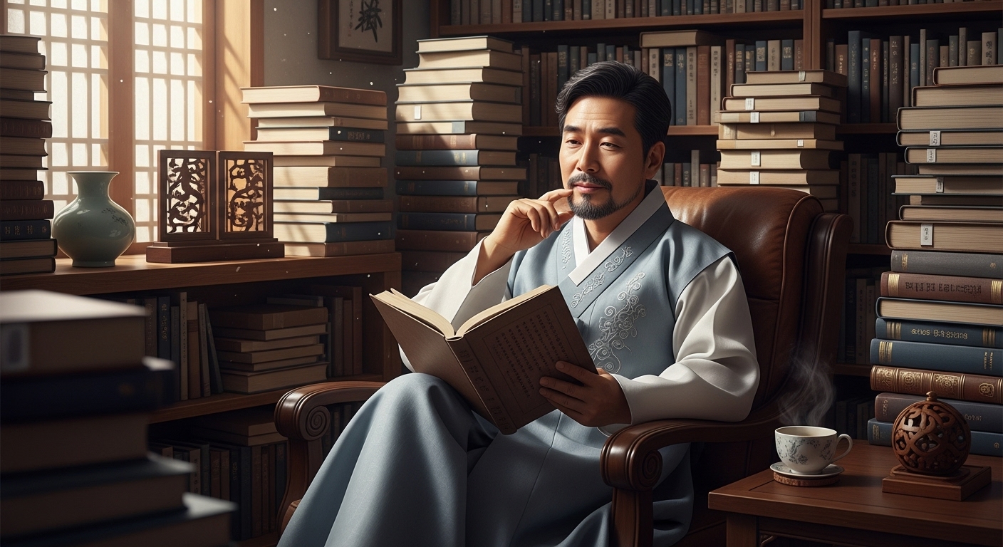 편안한 도서관에서 고전 문학을 읽는 학자의 모습