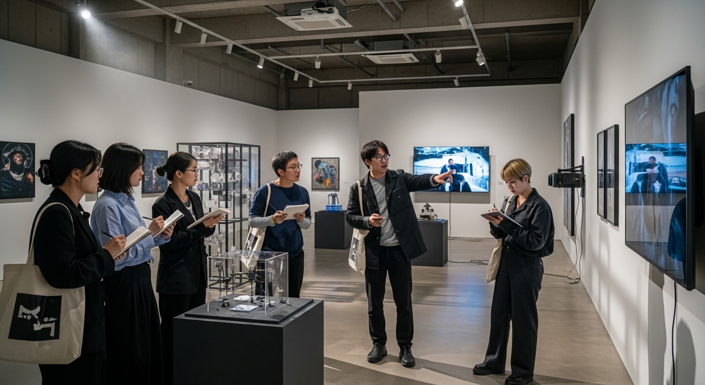 현대 미술 전시회에서 영화 예술의 윤리적 경계를 토론하는 미술 학생들