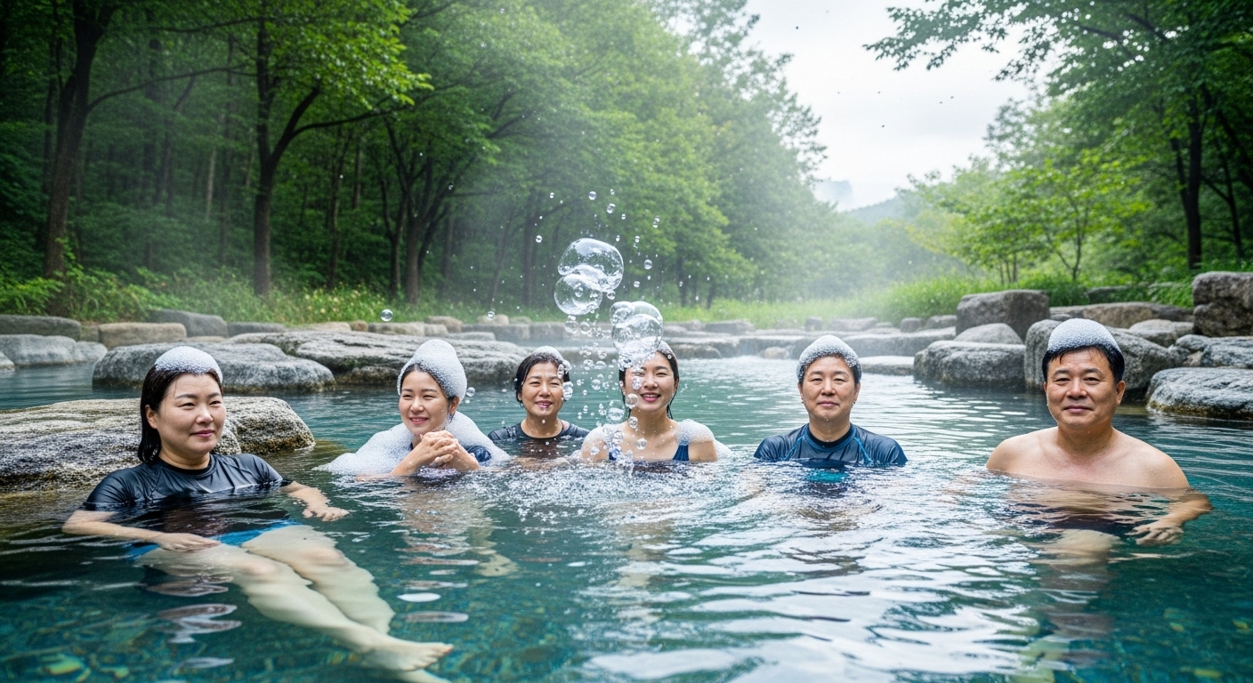 한국인 방문객들이 피부에 기포가 달라붙는 특별한 탄산수 스파를 즐기는 모습
