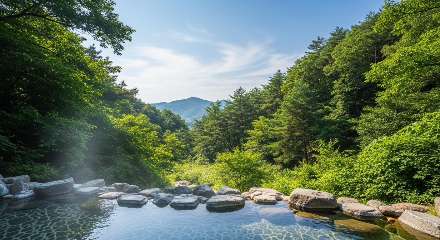 충주에 위치한 자연 속의 고요한 능암탄산온천 전경