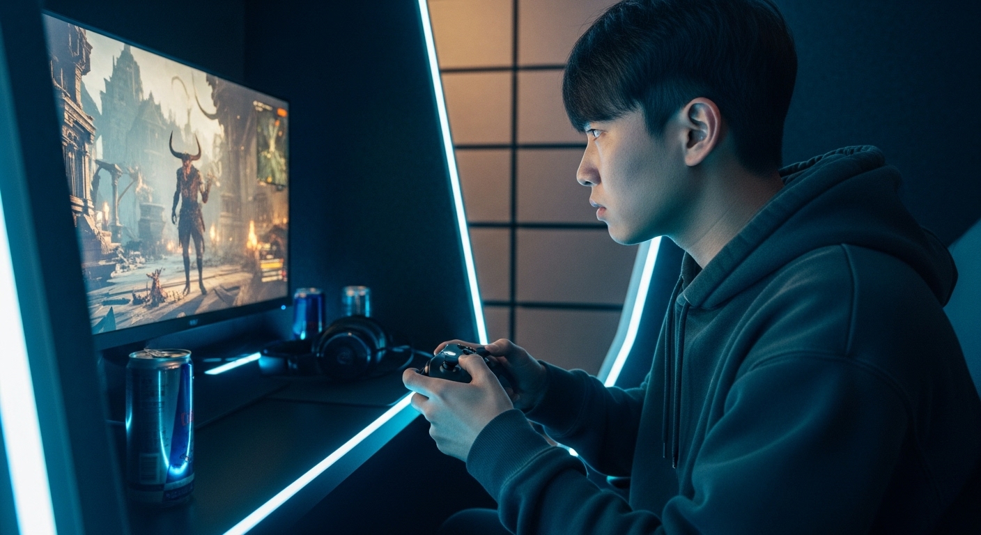 현대적인 부스에서 Xbox 컨트롤러로 다크 판타지 게임을 플레이하는 모습