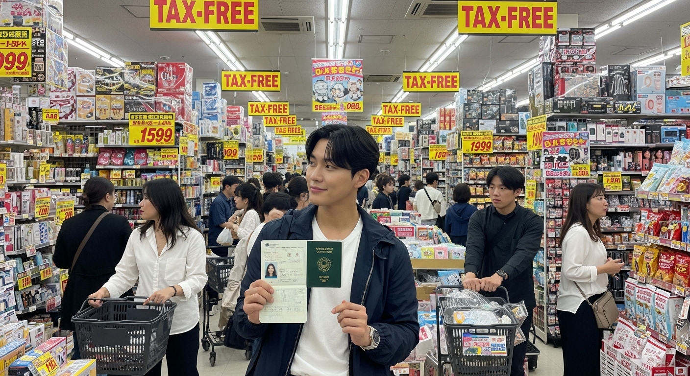 여권을 들고 면세 사인을 확인하며 돈키호테 매장에서 쇼핑 중인 여행객
